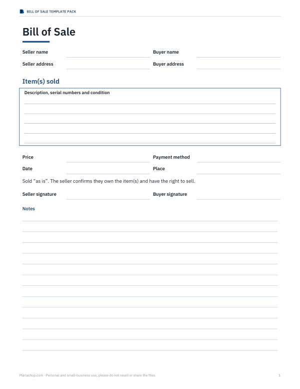 Preview of Printable General Bill of Sale