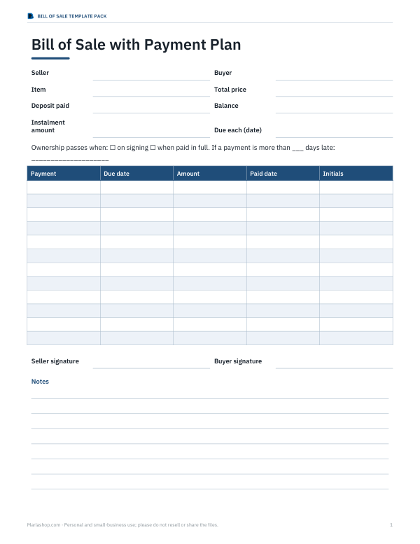 Preview of Bill of Sale With Payment Plan