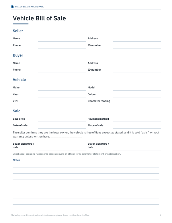 Preview of Vehicle Bill of Sale Template